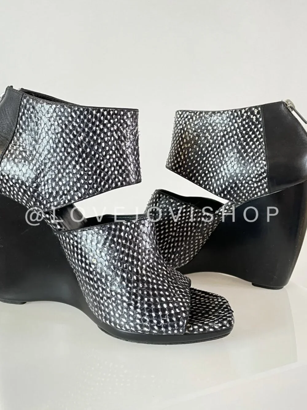 Runway | Balenciaga Snakeskin Black White Peep Toe Wedge Sandal Heel | Luxury 10